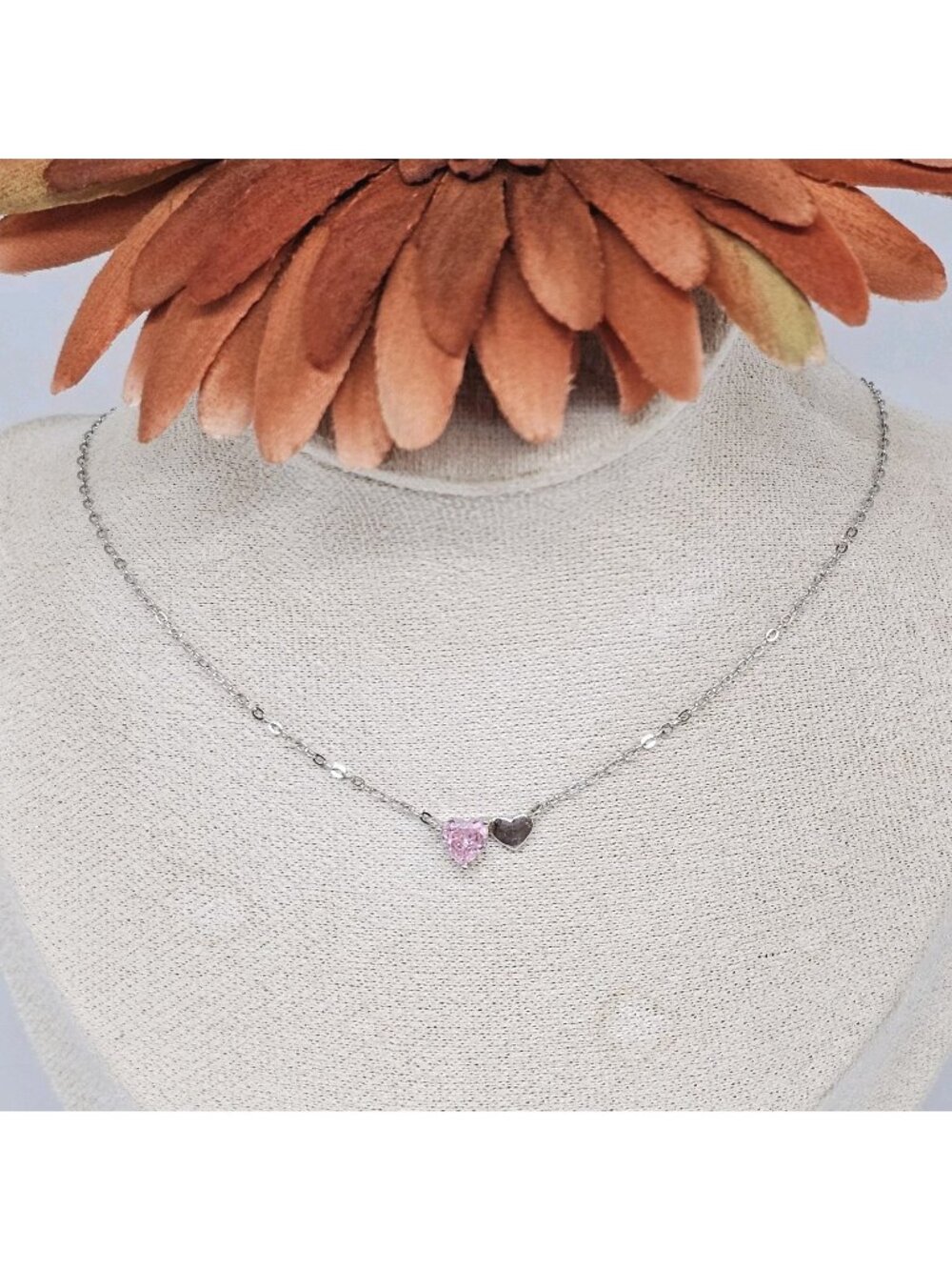 925 Sterling Silver Pink Crystal Heart Pendant Chain Necklace Choker Jewelry